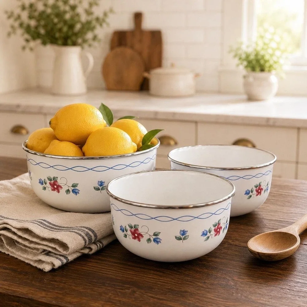 Vintage Enamel Nesting Bowls Set of 3 | Blue Floral Swag | Farmhouse Cottagecore